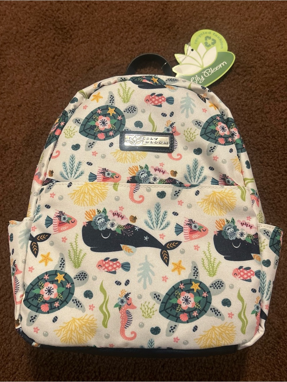 Lily Bloom Cream Mini Backpack with Navy, Pink and Green Ocean Print